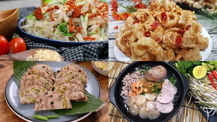 Da heo thường được chế biến thành nhiều món ăn như da heo chiên giòn, da heo luộc, hoặc làm nguyên liệu trong các món gỏi.